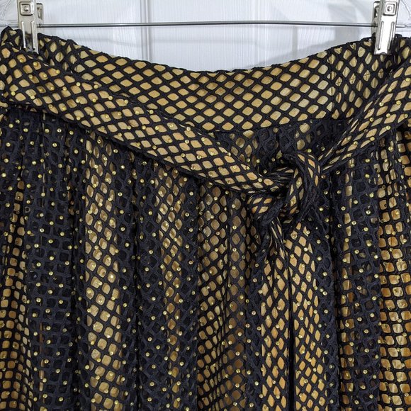 Raquel Black Net Overlay Gold Liner Crystals Tie Belt Maxi Skirt - size 1XL NWT - Picture 8 of 14